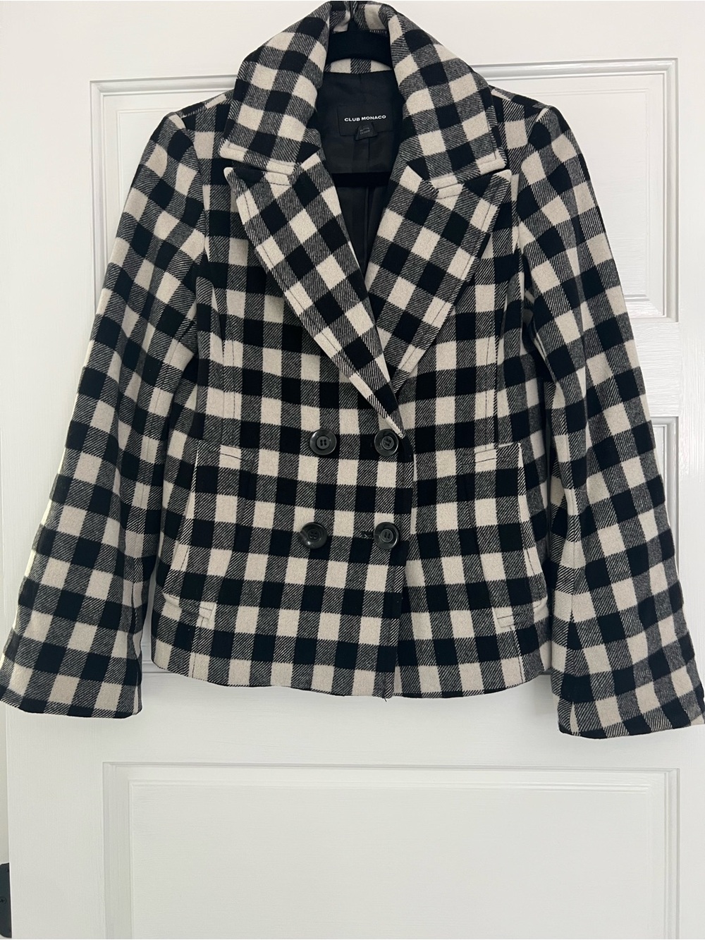 Club Monaco Black and White Plaid Double-Breasted Peacoat